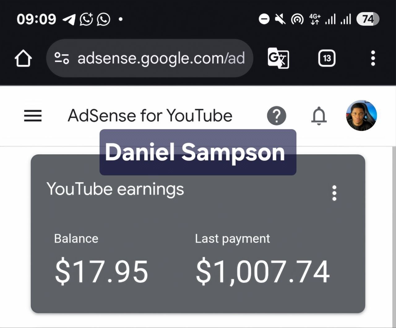 Daniel's YouTube AdSense earnings